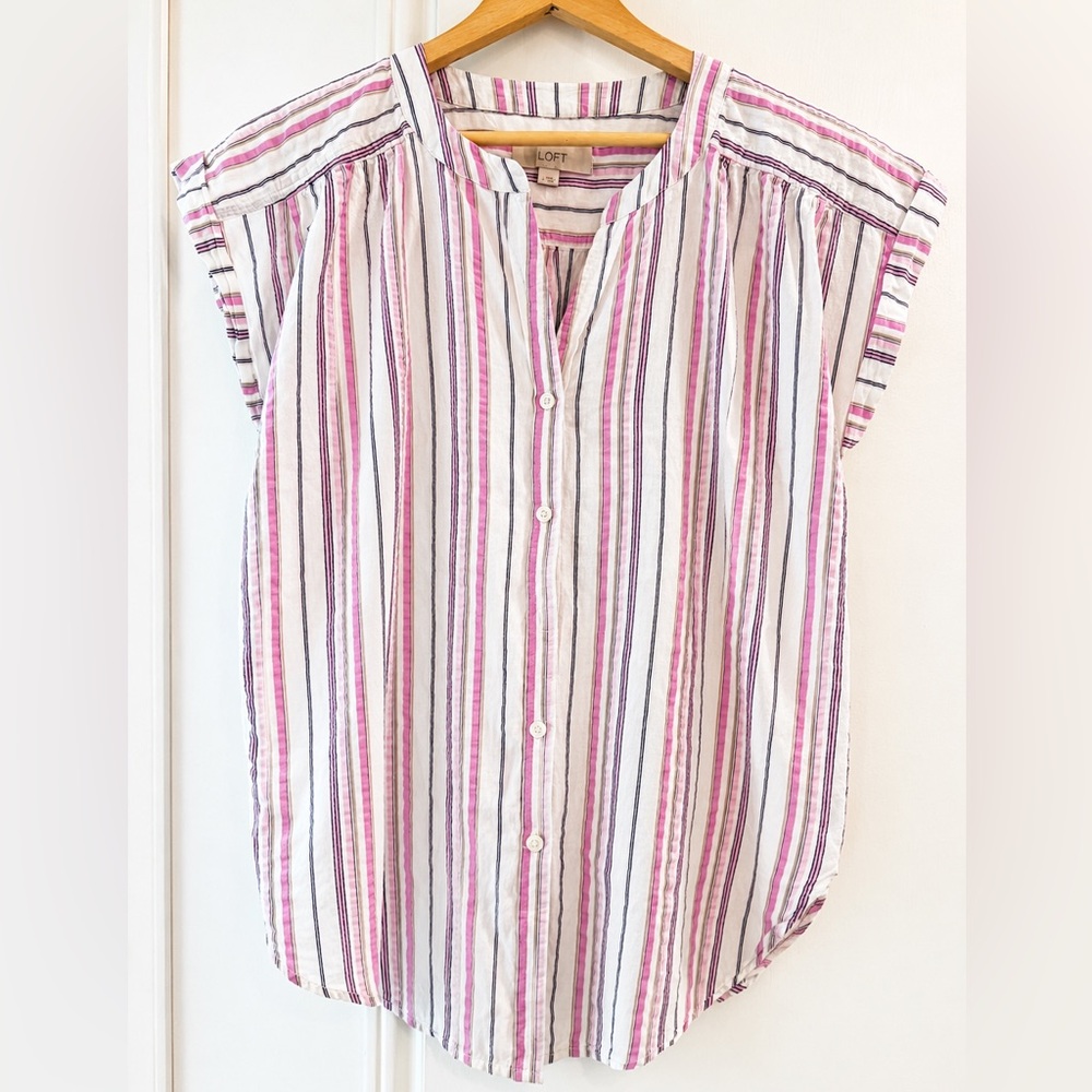 LOFT Striped Cap Sleeve Button Front Blouse Pink White Size M
